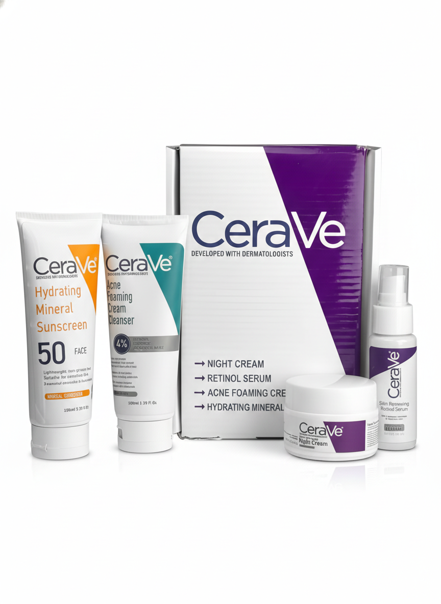0bceca0633955f4c654905d3b69fd8d1.png CeraVe Complete Skincare Combo Kit – Sunscreen SPF 50, Acne Cleanser, Retinol Serum & Night Cream - Image 1