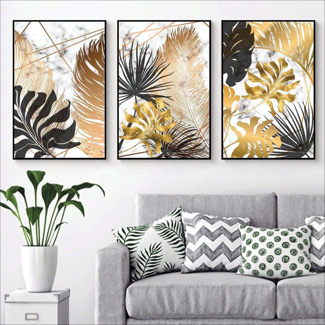 0c8a687bd1c39adbd438d04358e278ad.jpeg 3pcs Black And Gold Leafs Design Stickytiles Frame Providing Elegant Artistic Pattern Stylish Look - Image 1