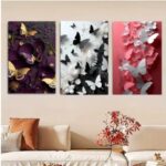 Set Of 3 Butterfly Art Wooden Frames For Wall Decoration / Sticky Photo Tile